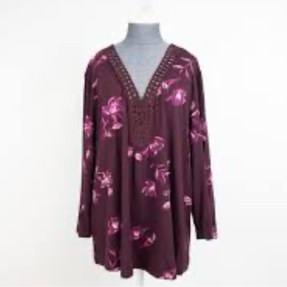Daniel Rainn Floral V-Neck Tunic - Burgundy and Pink